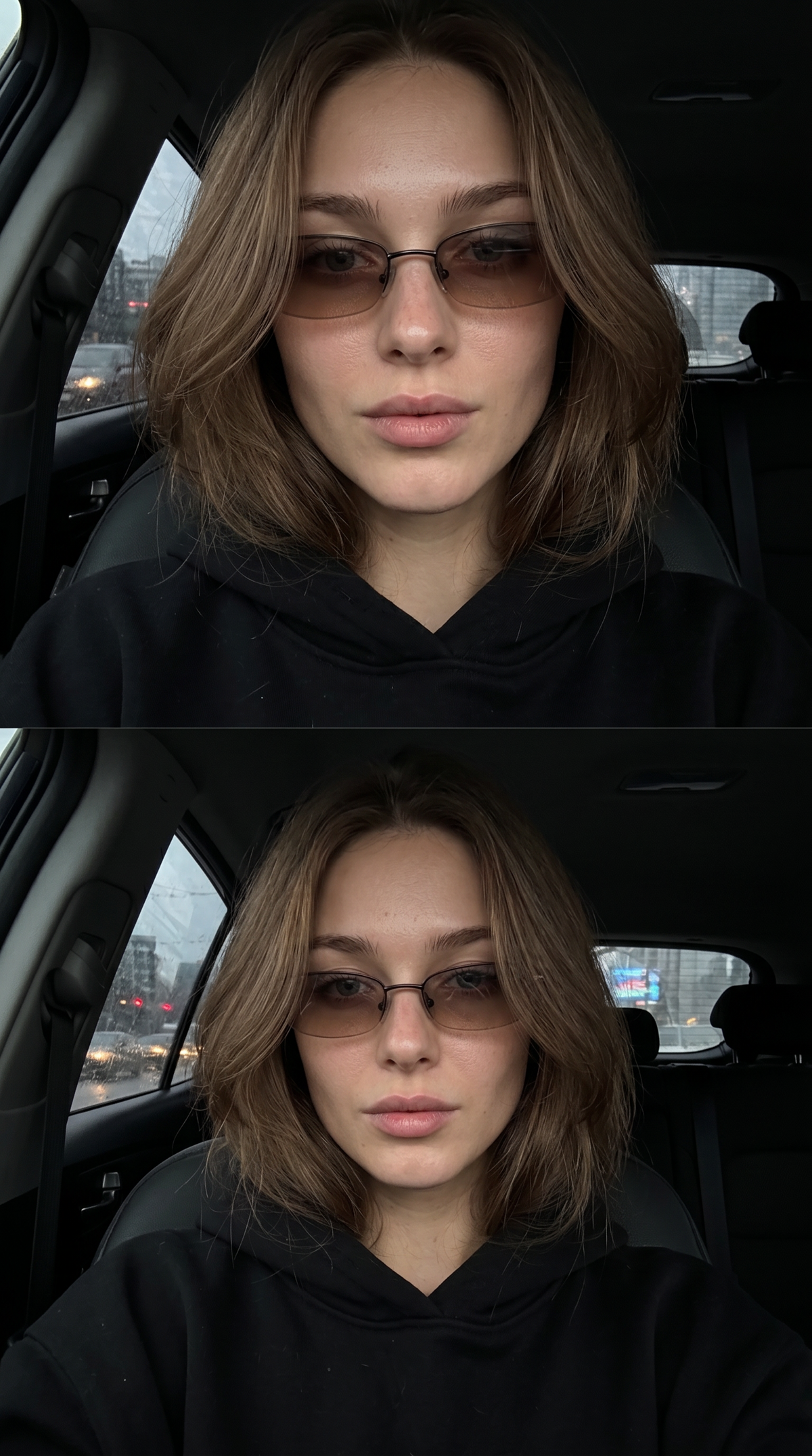Коллаж селфи в машине в темном люксовом стиле