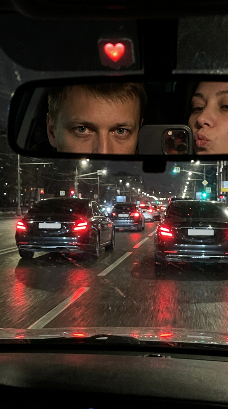 Ночная поездка в автомобиле с отражением в зеркале