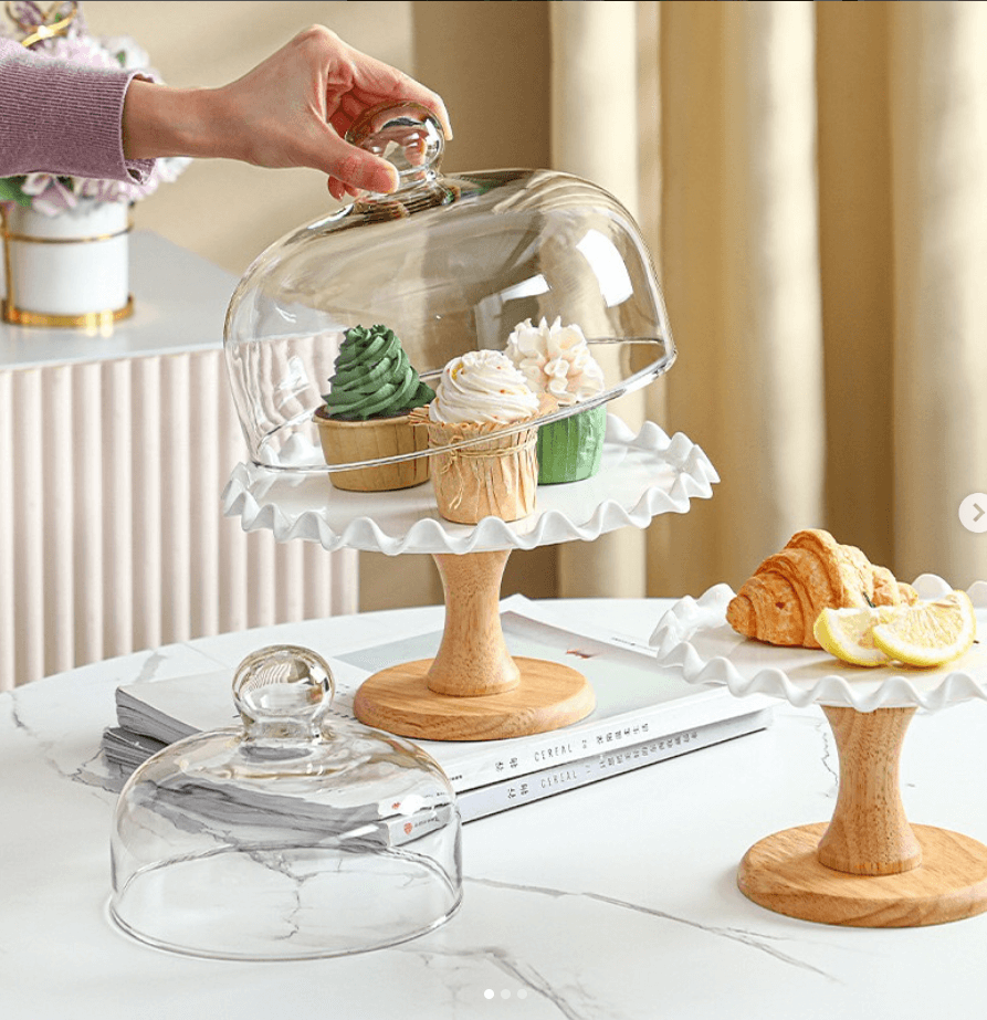 Керамическая тортовница на бамбуковой ножке 25см