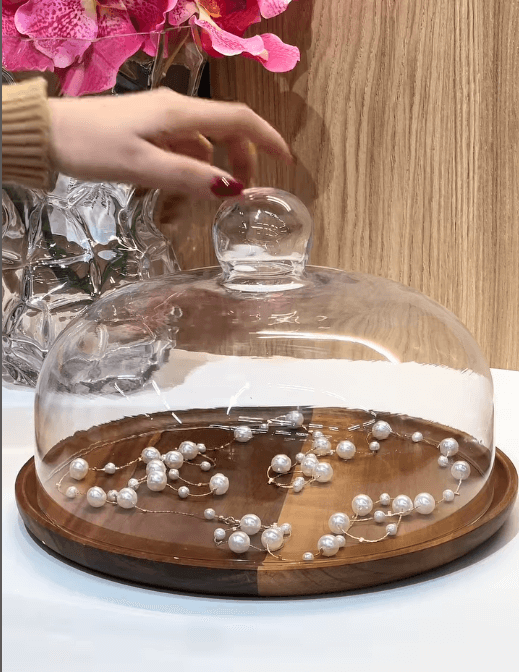 Хлебница со стеклянной крышкой и деревянным поддоном 25см