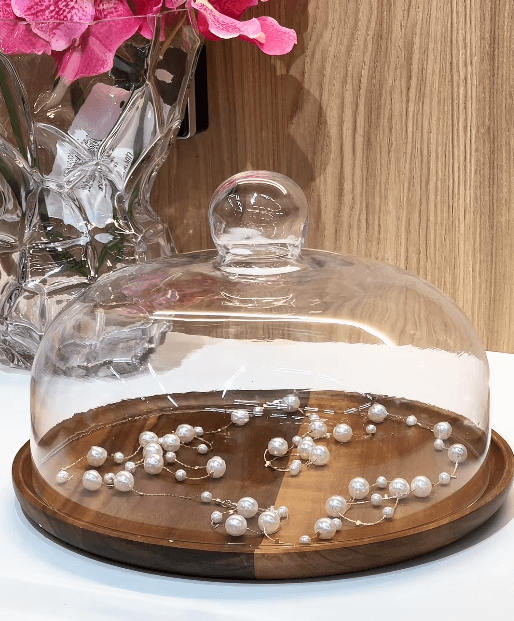 Хлебница со стеклянной крышкой и деревянным поддоном 30см