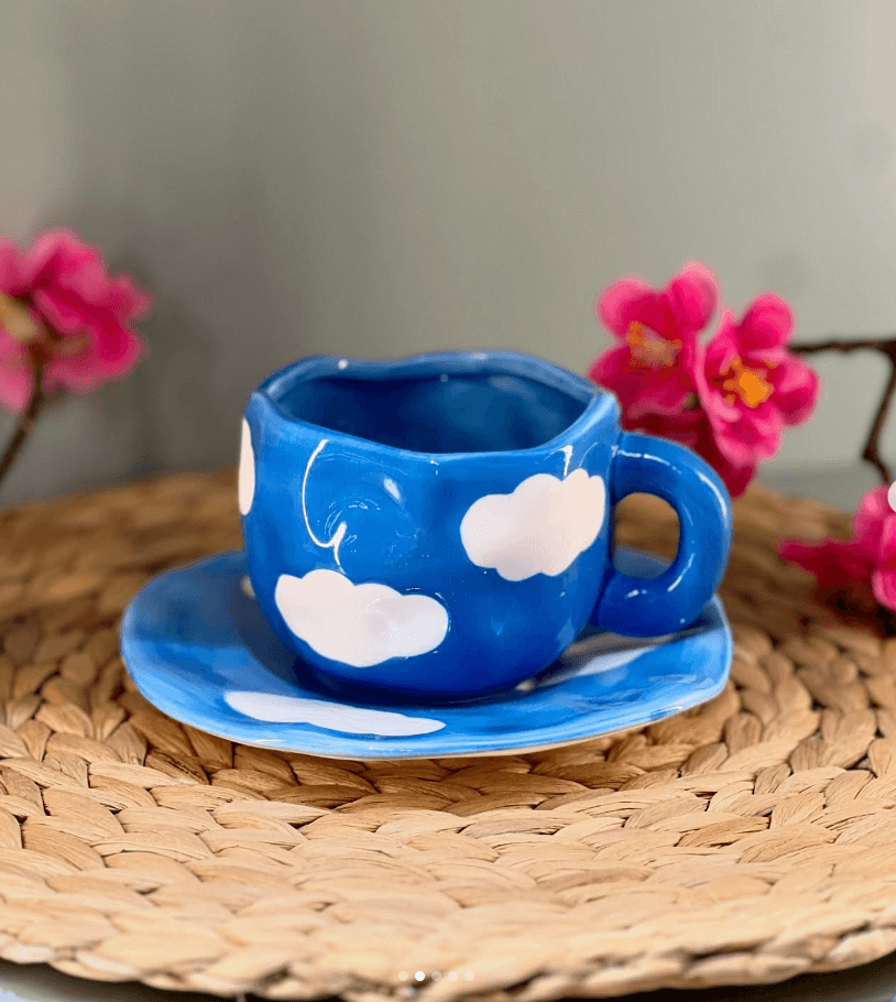 Кружка с блюдцем цвет синий с облаками