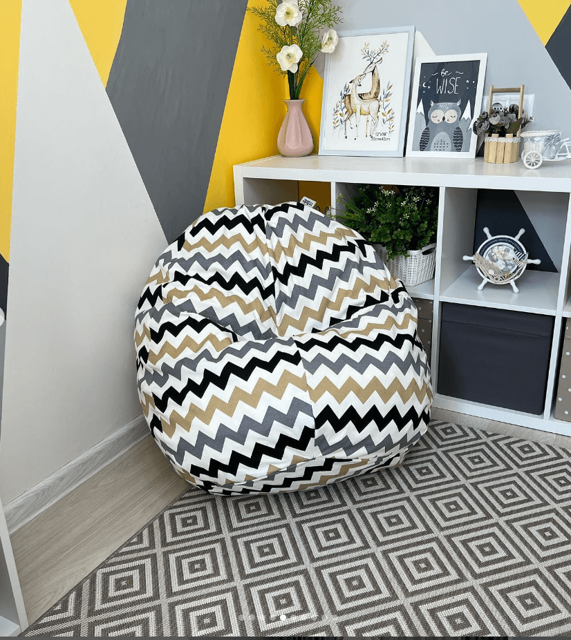 Детские бинбеги принт черный\бежевый\серый зигзаги