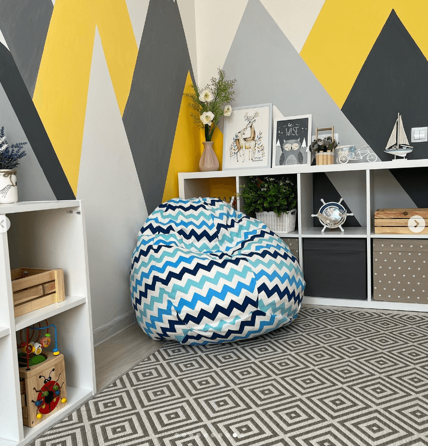 Детские бинбеги принт черный\голубой зигзаг