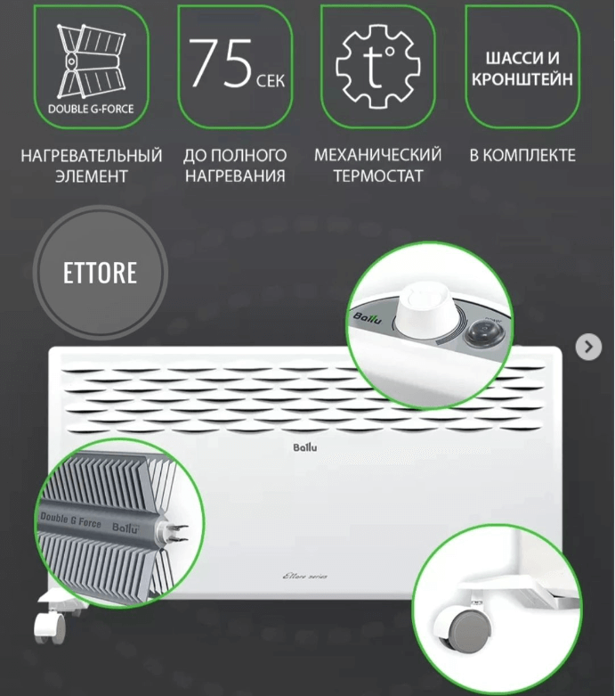 Конвекторы Ballu ETTORE 1,5 кВт на 15 м²