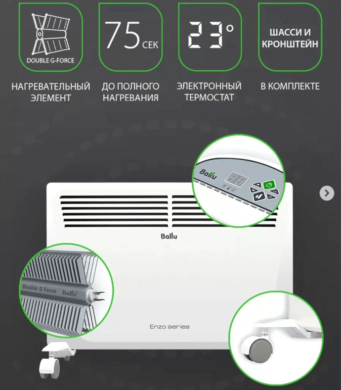 Конвекторы Ballu ENZO с электронным термостатом 1 кВт на 10 м²