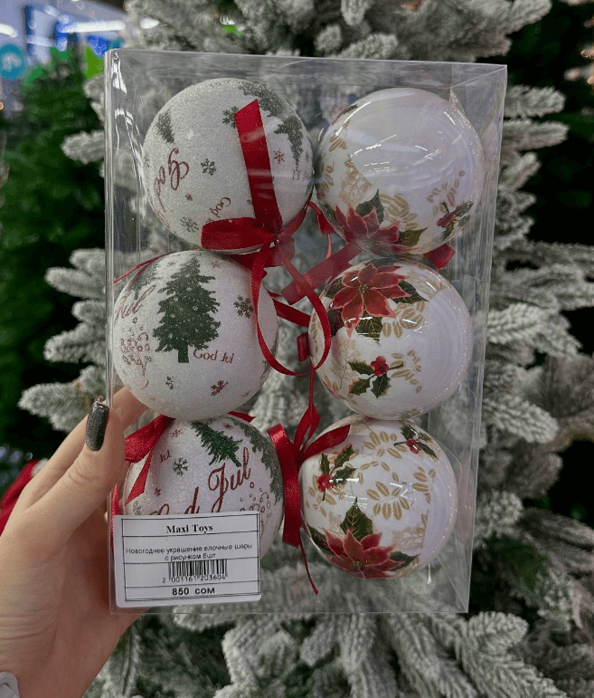 Набор новогодних игрушек-шаров 6 шт. с рисунком цветов и ёлок
