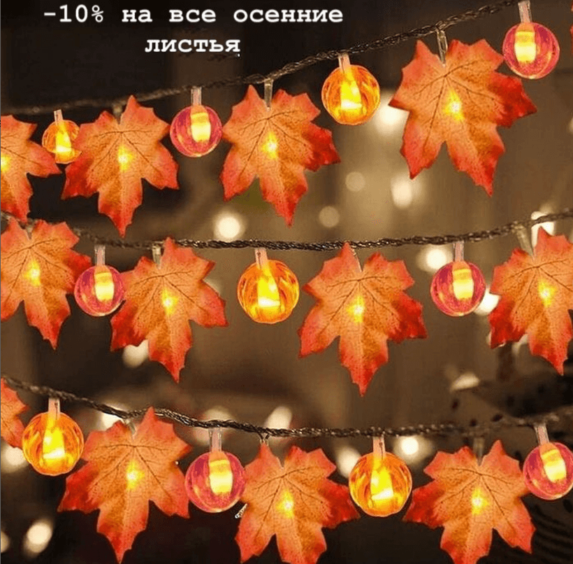 Гирлянда-нити с осенними листьями и тыковками 40 светодтодов