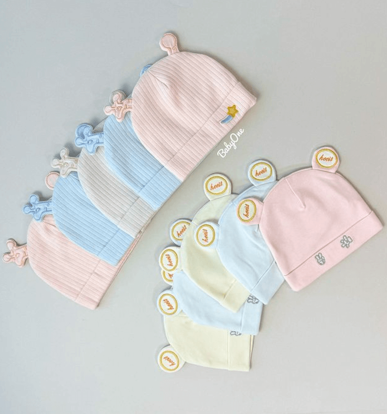 Шапочки Аистёнок для новорожденных хлопок с ушками