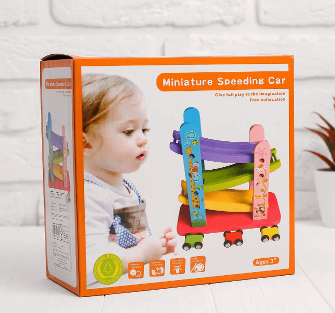 Деревянная развивающая игрушка гоночный 3-уровневый автотрек / В комплекте 3 машинки / гоночный трек с машинками / развивающий игровой набор