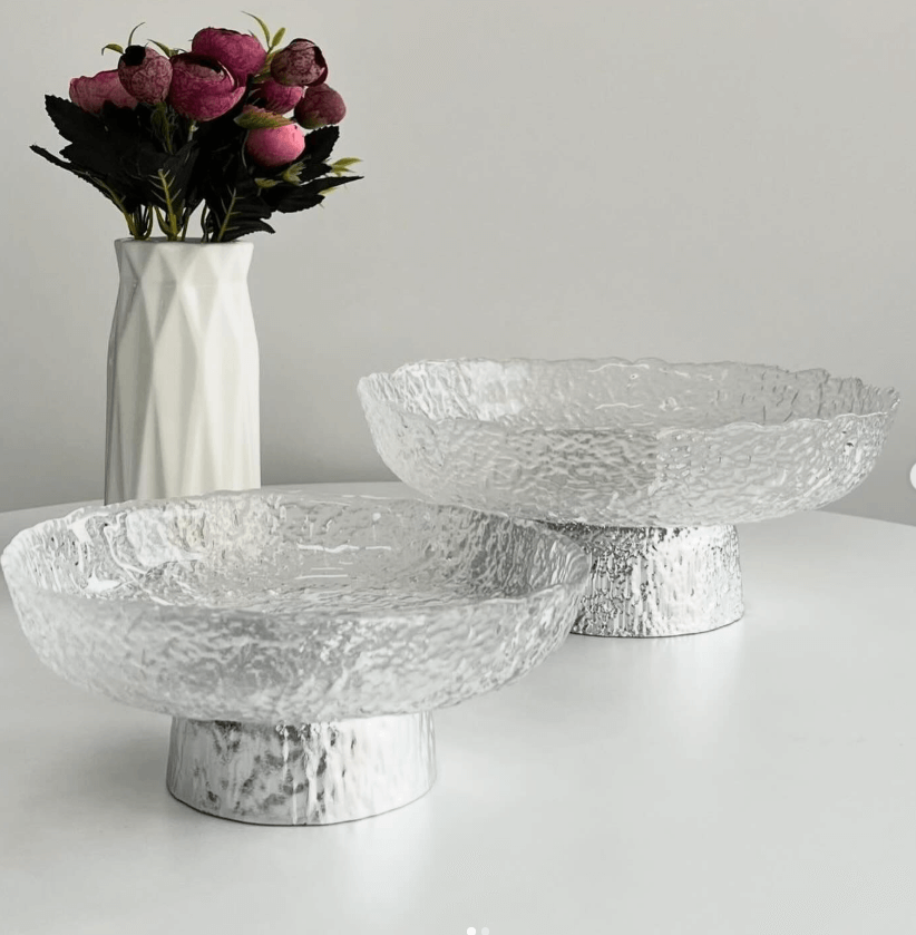 Фруктовница "Мятое стекло" на серебристой ножке 26см