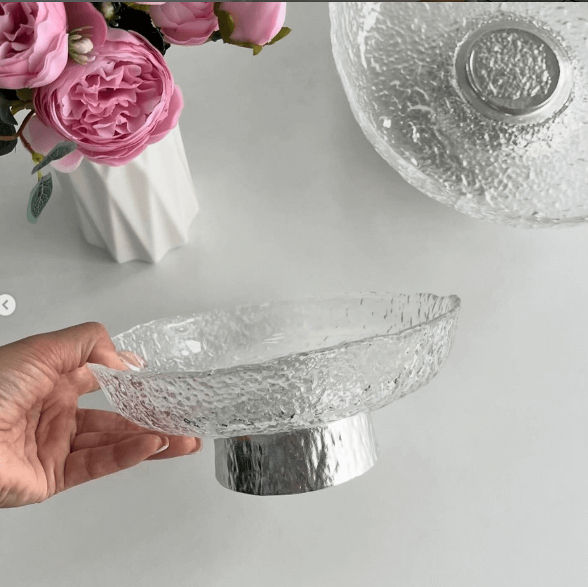 Фруктовница "Мятое стекло" на серебристой ножке 20см