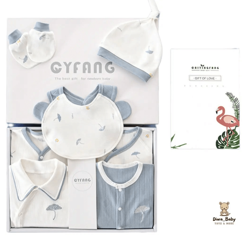 Набор для новорожденных 28 предметов голубой с листочком