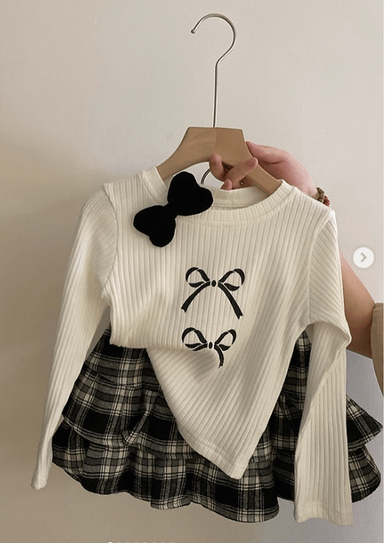 Двойка белая кофта+клетчатая юбка с бантиком для девочки