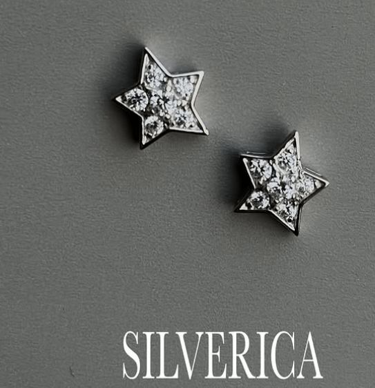 Изысканные блестящие серьги-гвоздики со стразами в форме звезды, уникальные ювелирные изделия /  Серебряные серьги в виде звезды / Серебро 925 пробы