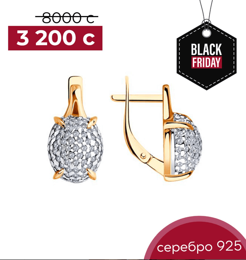 Серьги из серебра с фианитами и позолотой