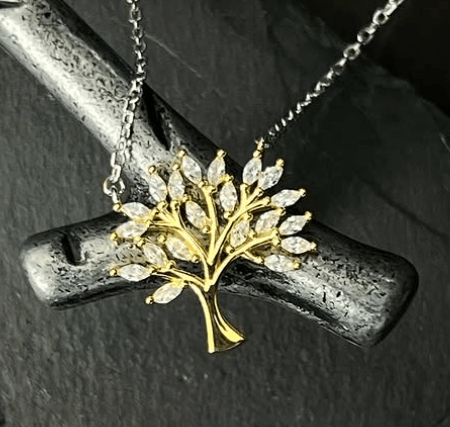 Круглое полое древо жизни кулон циркон ожерелье / Серебро 925, золотое напыление, цирконы