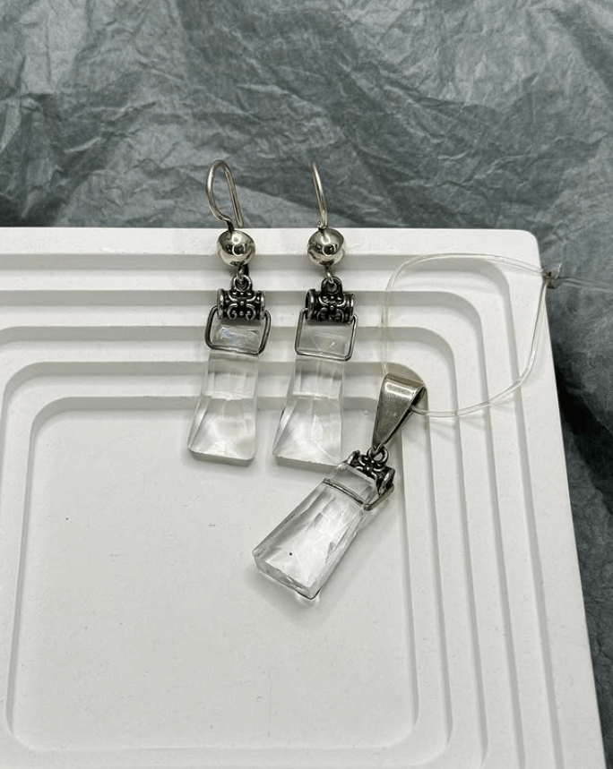 Мельхиоровый набор серьги и подвеска с горным хрусталем