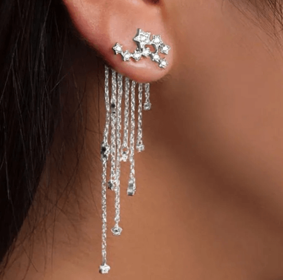 Модные стильные звездные обтекаемые кисточки длинные хрустальные вечерние серьги-гвоздики Серебро 925 пробы