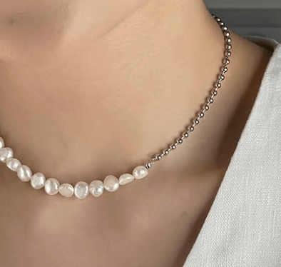 Колье в стиле барокко , речной жемчуг и цепь Перлина  Серебро 925 пробы