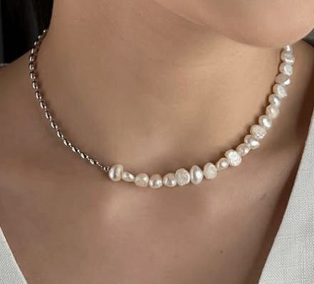 Колье в стиле барокко , речной жемчуг и цепь рисовый  Серебро 925 пробы