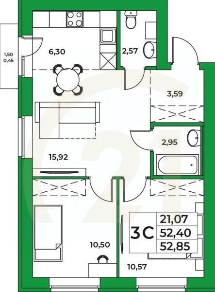 3-комн, 52,85 м²