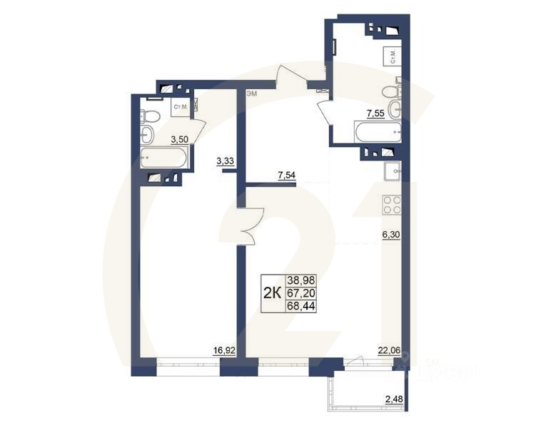 1-комн, 68,44 м²