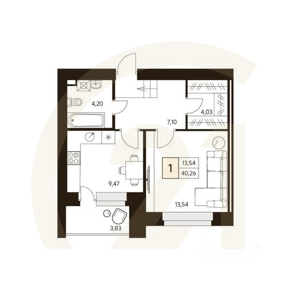 1-комн. квартира, 43,42 м²в ЖК «MATUR»