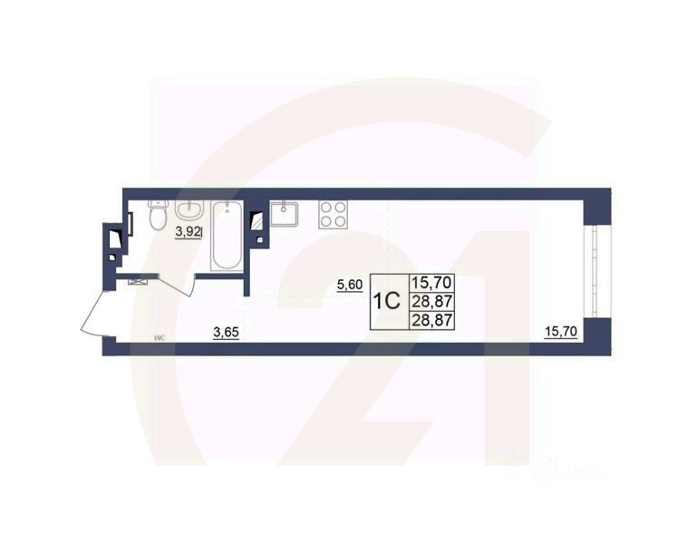 1-комн, 28,87 м²в ЖК «Космос»