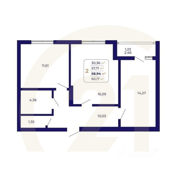 2-комн. квартира, 58,94 м²в ЖК «Паруса»