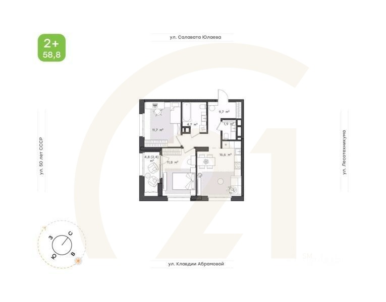 2-комн. квартира, 58,8 м²в ЖК «Бионика Парк»