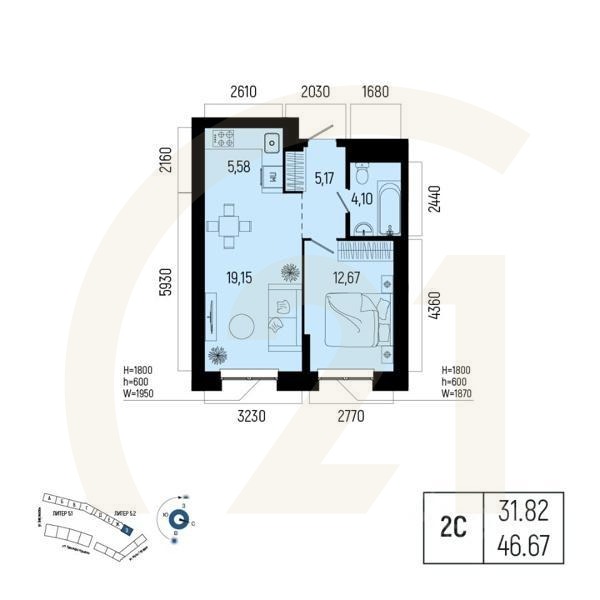 2-комн. квартира, 46,67 м²в ЖК «Новатор»
