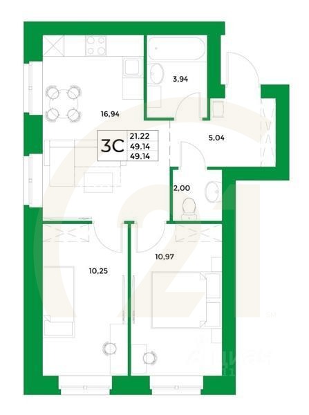 3-комн, 49,14 м²