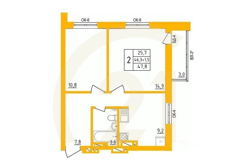 2-комн, 24,9 м²