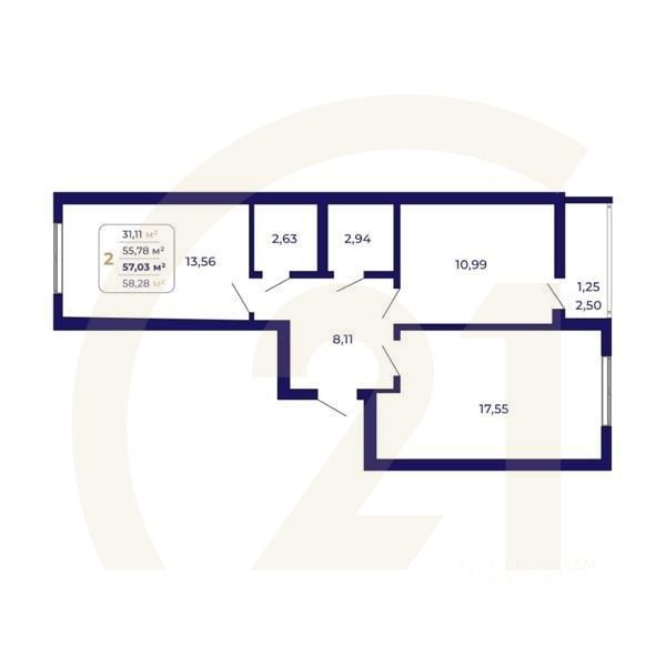 2-комн. квартира, 57,03 м²в ЖК «Паруса»