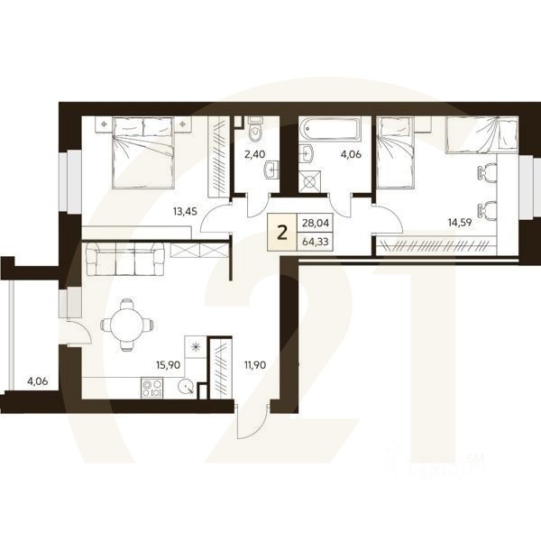 2-комн. квартира, 64,33 м²в ЖК «MATUR»