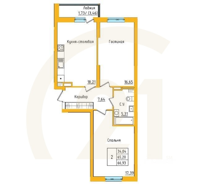 2-комн. квартира, 66,93 м²в ЖК «Акварель»