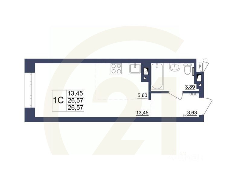 1-комн, 26,57 м²
