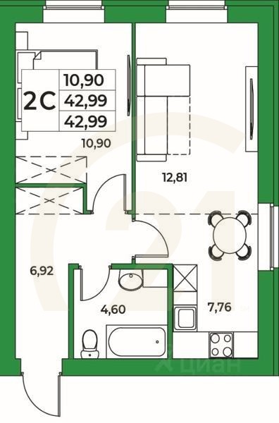 2-комн, 42,99 м²