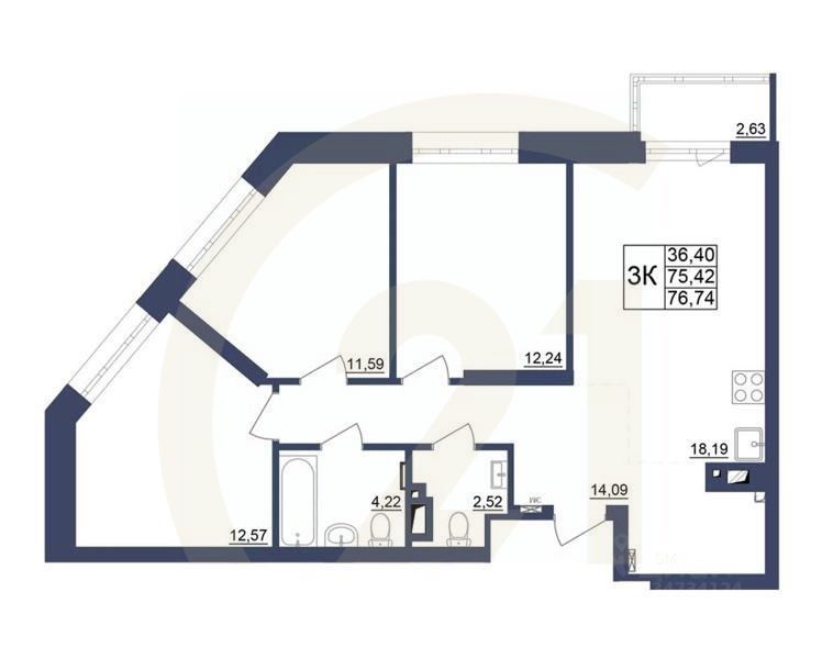 3-комн. квартира, 76,43 м²