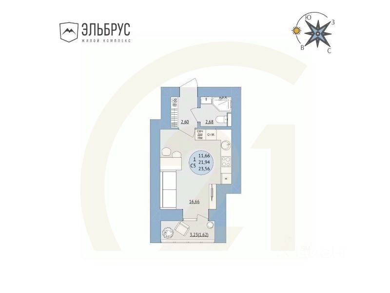 1-комн, 23,56 м²в ЖК «Эльбрус»