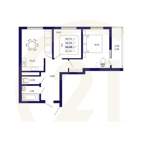 2-комн. квартира, 60,66 м²в ЖК «Паруса»