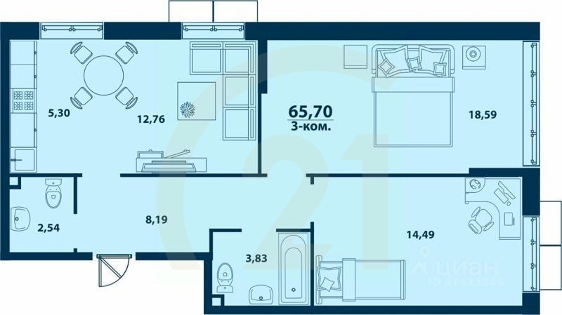 3-комн. квартира, 65,7 м²в ЖК «Город природы»