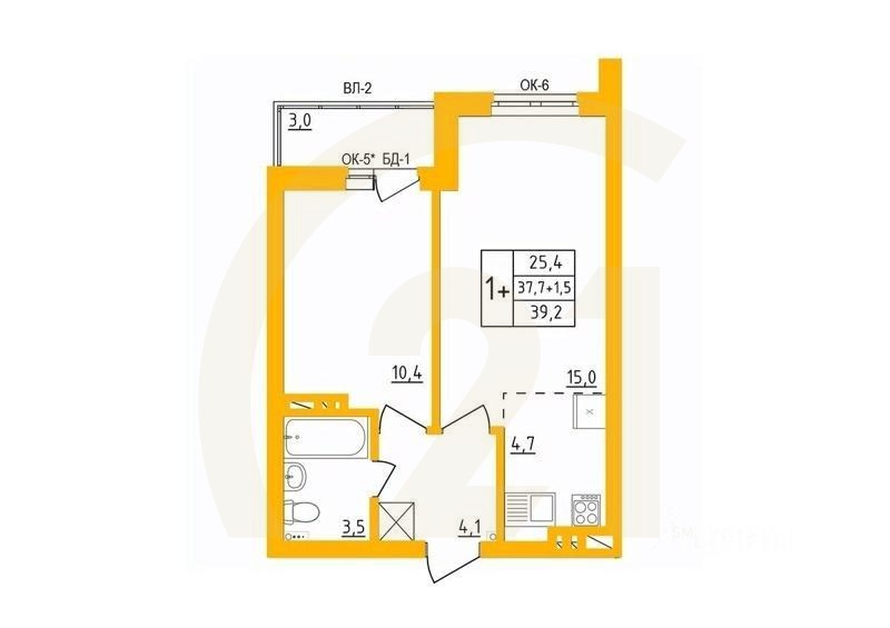 1-комн. квартира, 38,9 м²
