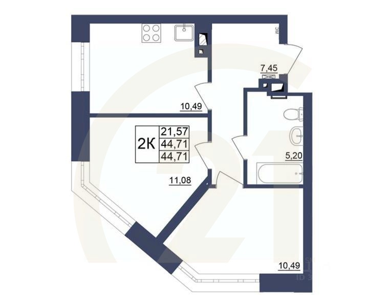 2-комн. квартира, 44,71 м²в ЖК «Космос»