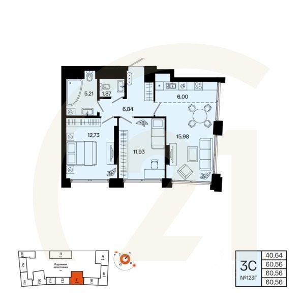 3-комн. квартира, 60,56 м²в ЖК «Первый остров»