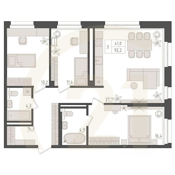 3-комн. квартира, 92,2 м²в ЖК «Новый Империал»