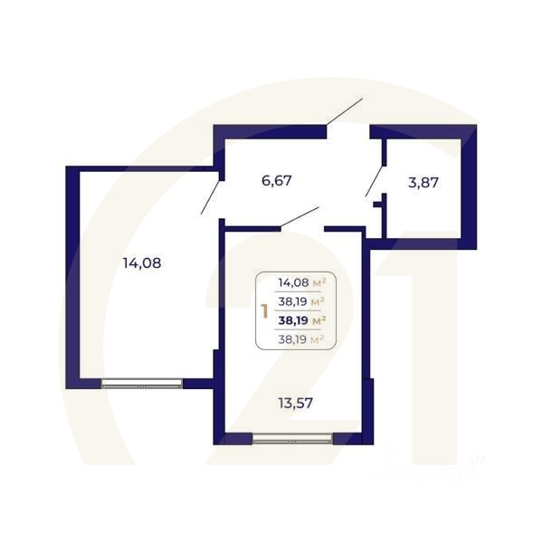 1-комн. квартира, 38,19 м²в ЖК «Паруса»