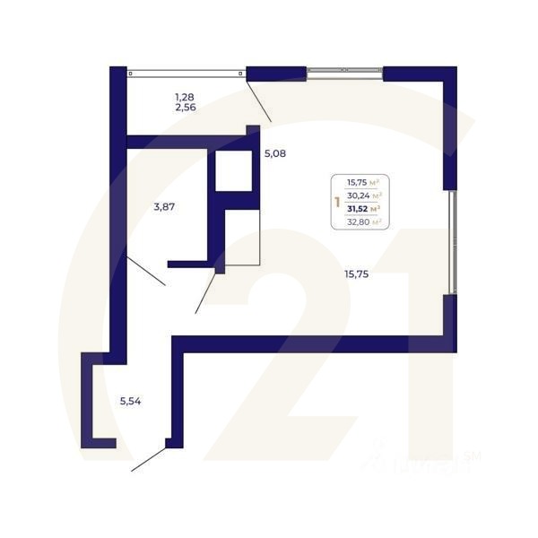 1-комн. квартира, 31,52 м²в ЖК «Паруса»