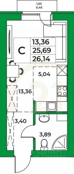 Студия, 26,14 м²